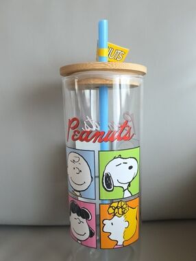 Peanuts Snoopy and Friends Glass Tumbler With Straw And Bamboo Gasketed Lid NWT